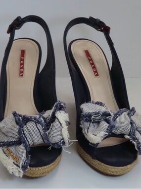 Prada Navy Slingback Espadrille Wedges with Frayed Bow size 6 women’s 36European